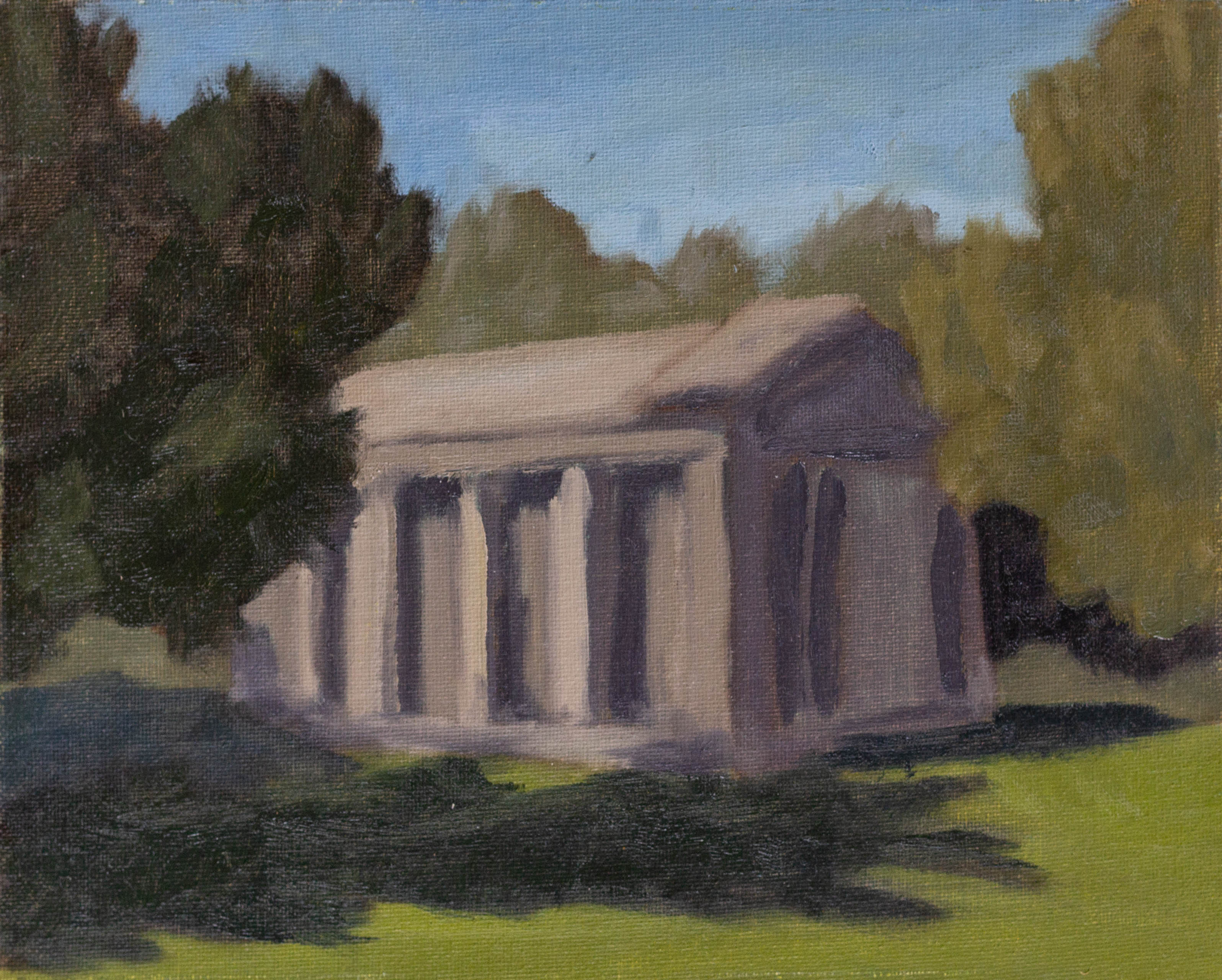 A painting of a building in a field surrounded by trees on a sunny day.