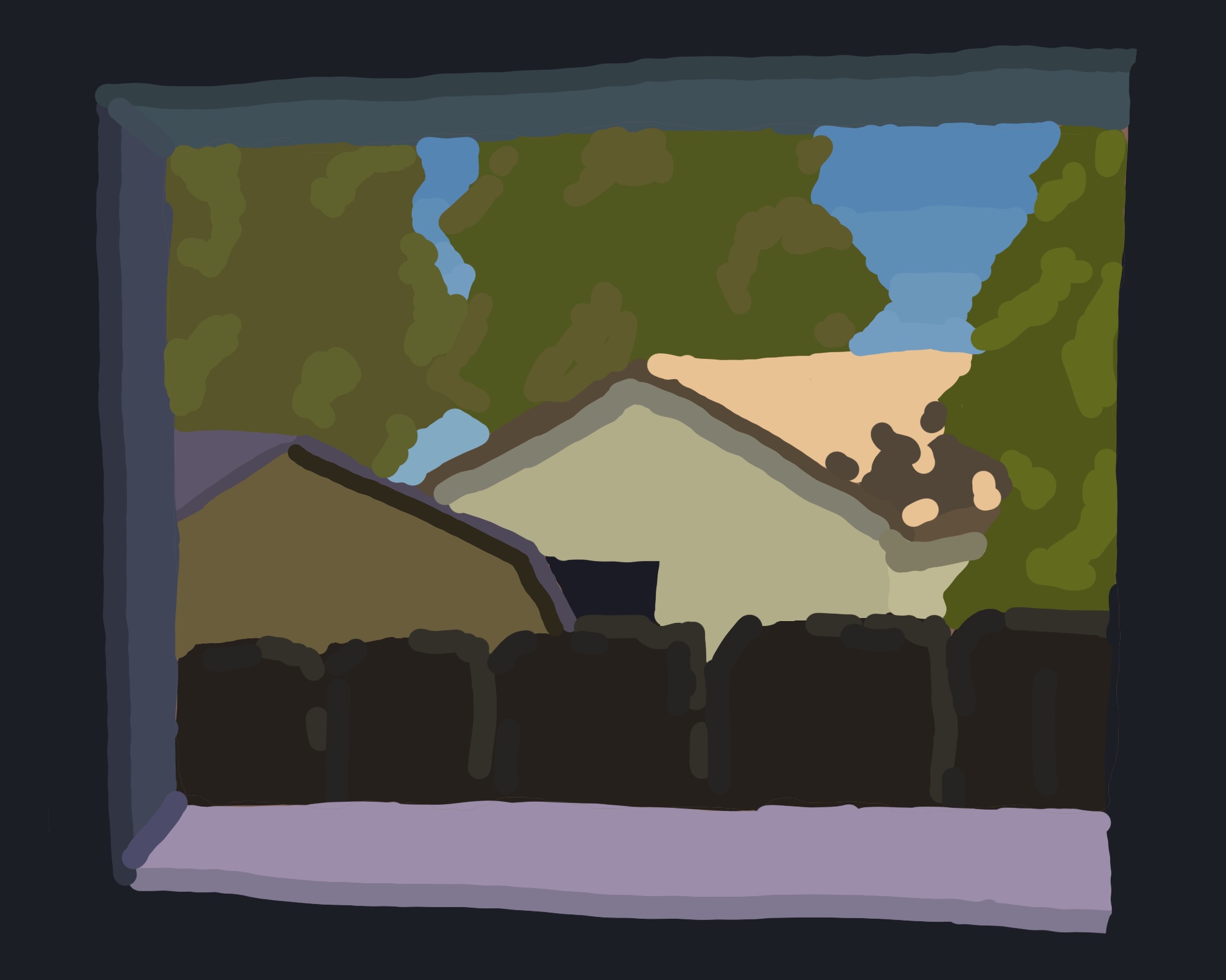 A painting of some houses, seen through a window from the inside.