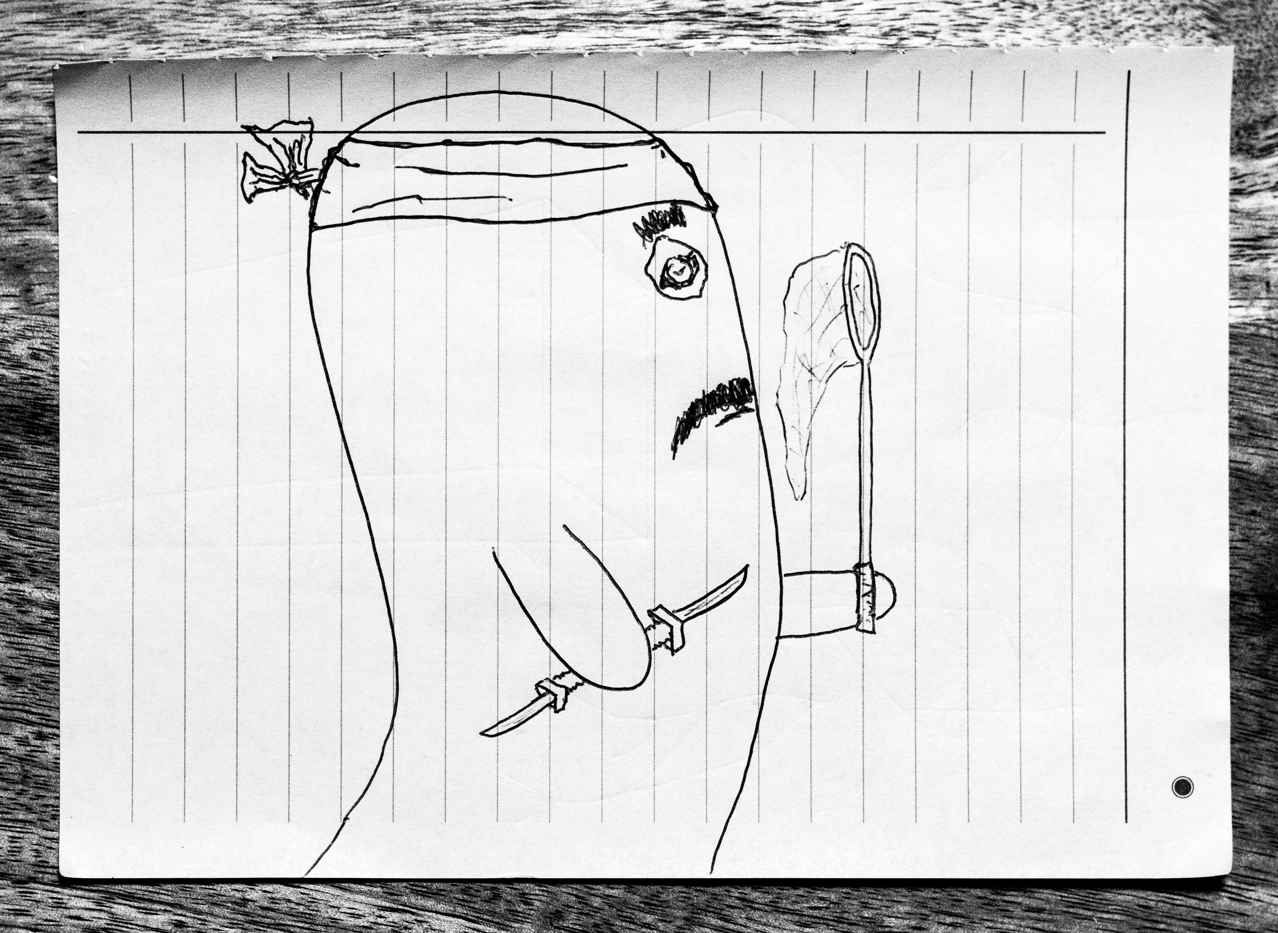 A drawing of a hunter, carrying their knife and butterfly net.