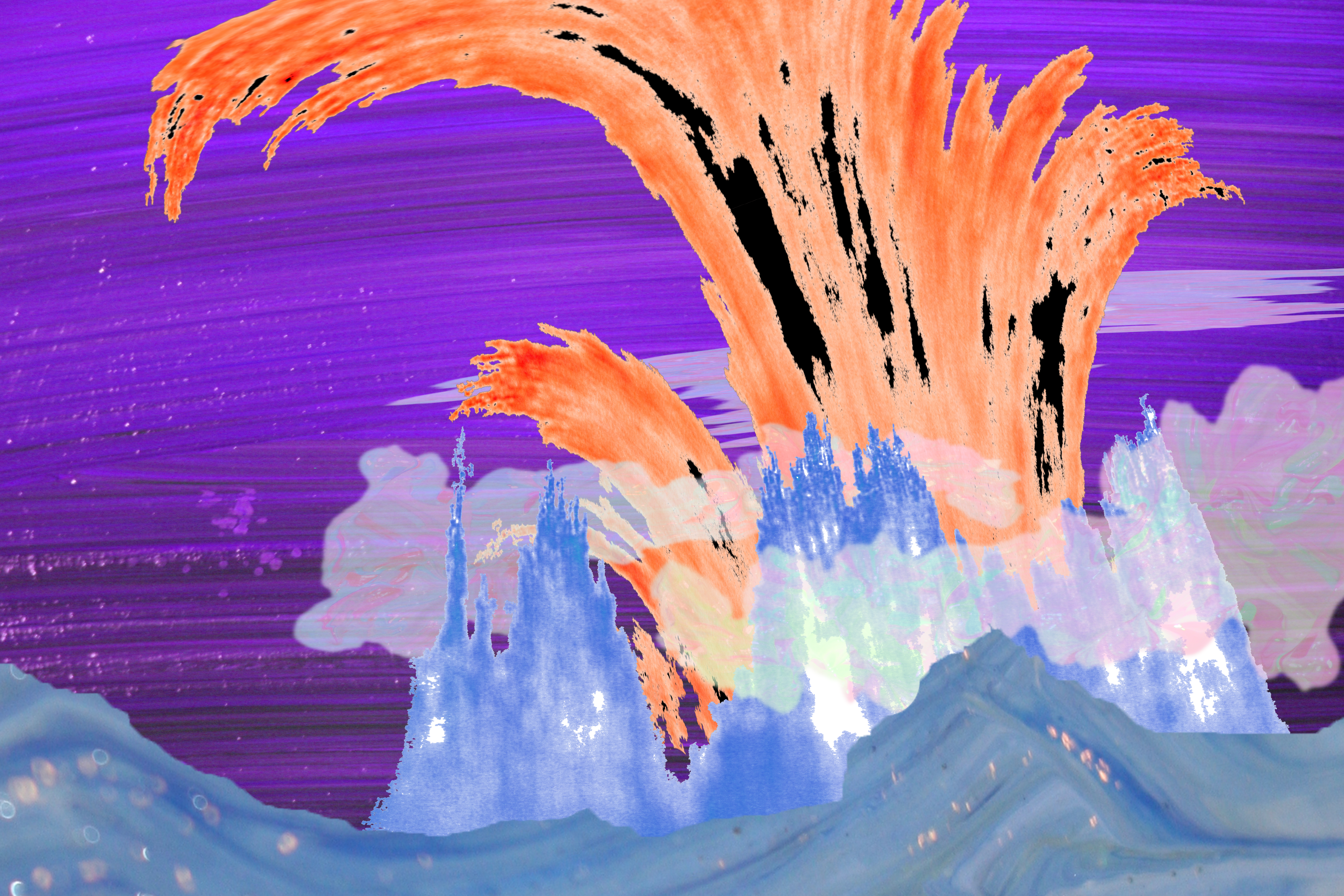 A digital image of an erupting volcano.