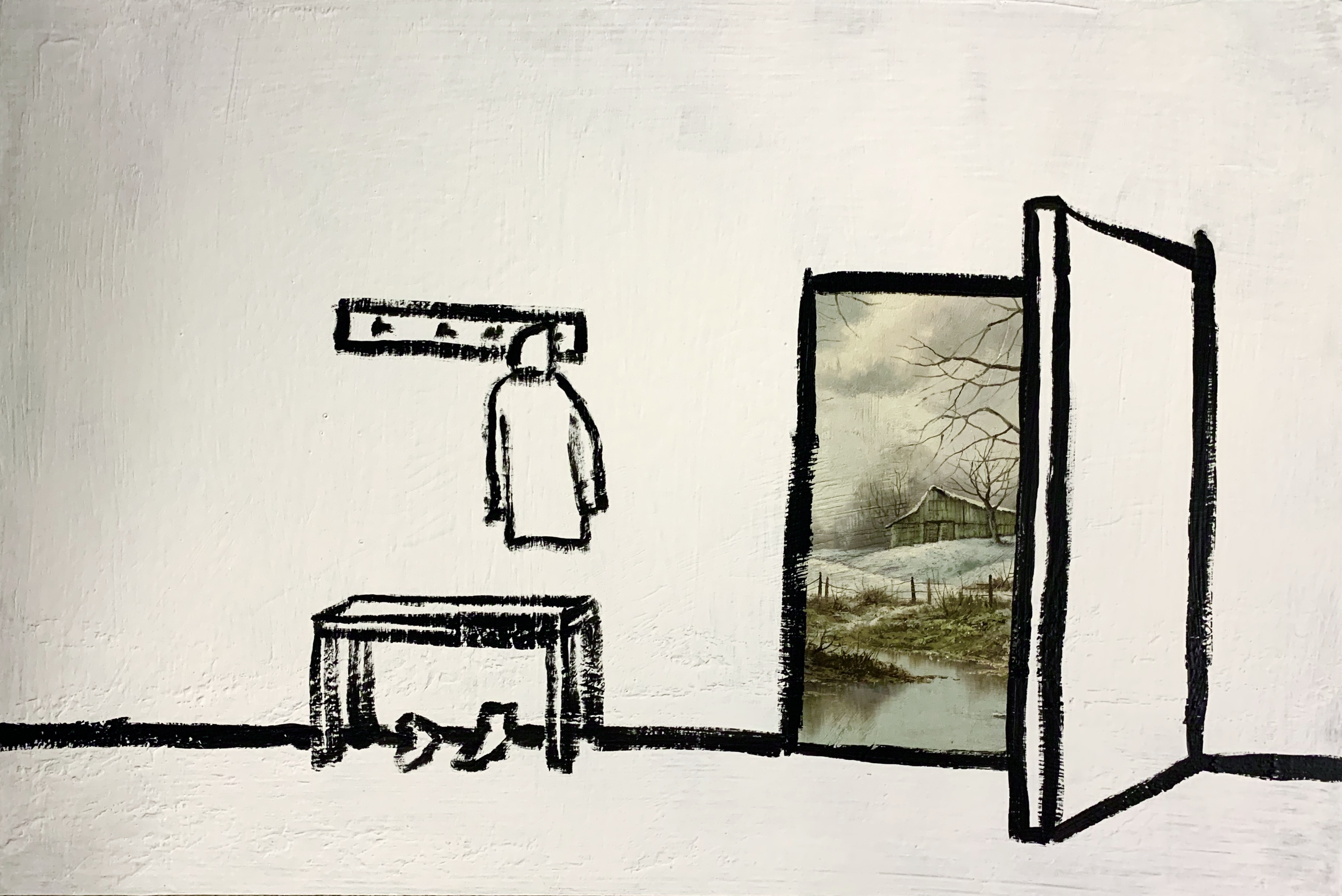 A painting of a simplistic black and white indoor area, with a door opened to a colorful outdoor area.