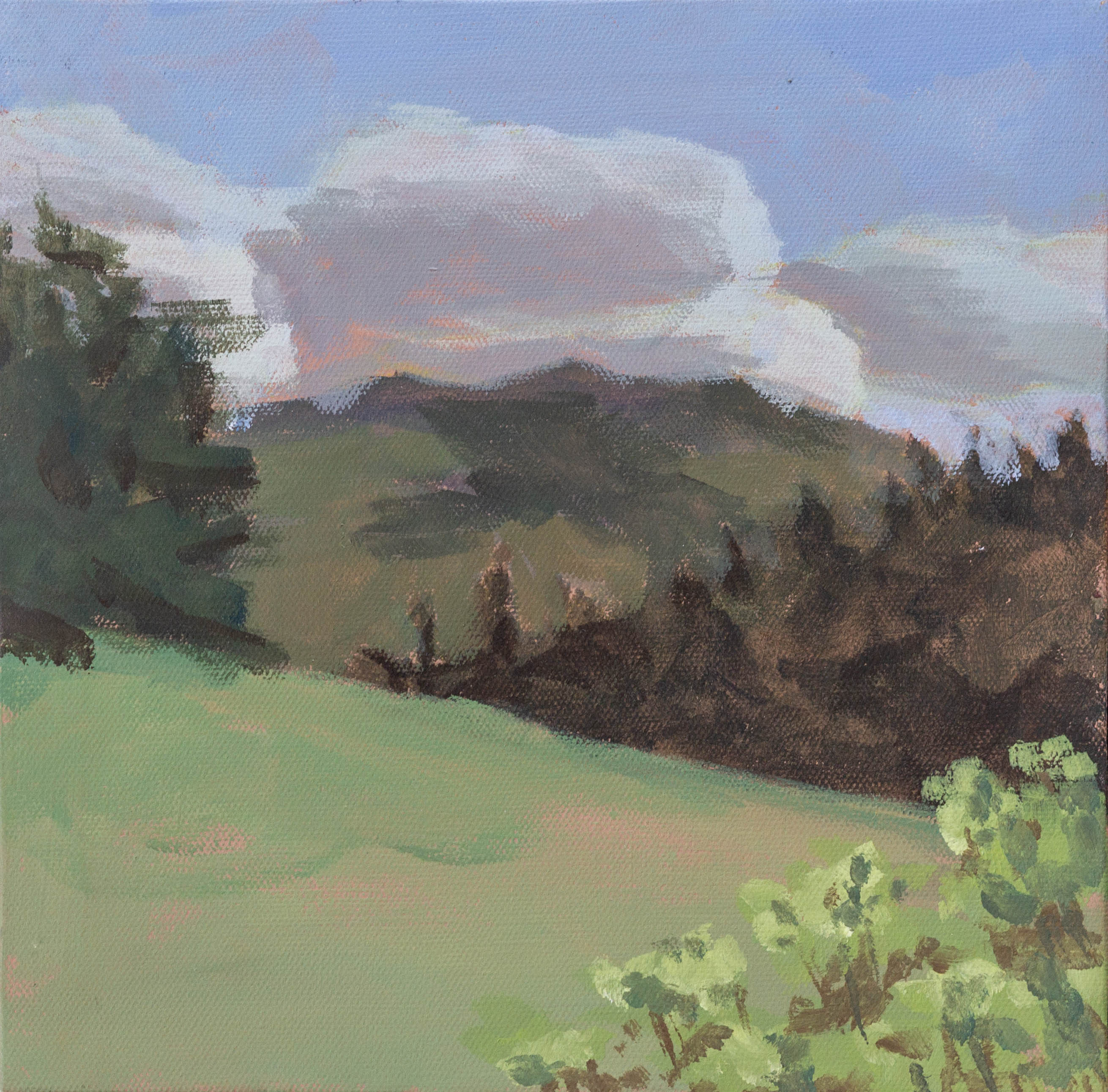 A painting of a puffy cloud behind several grassy hills.