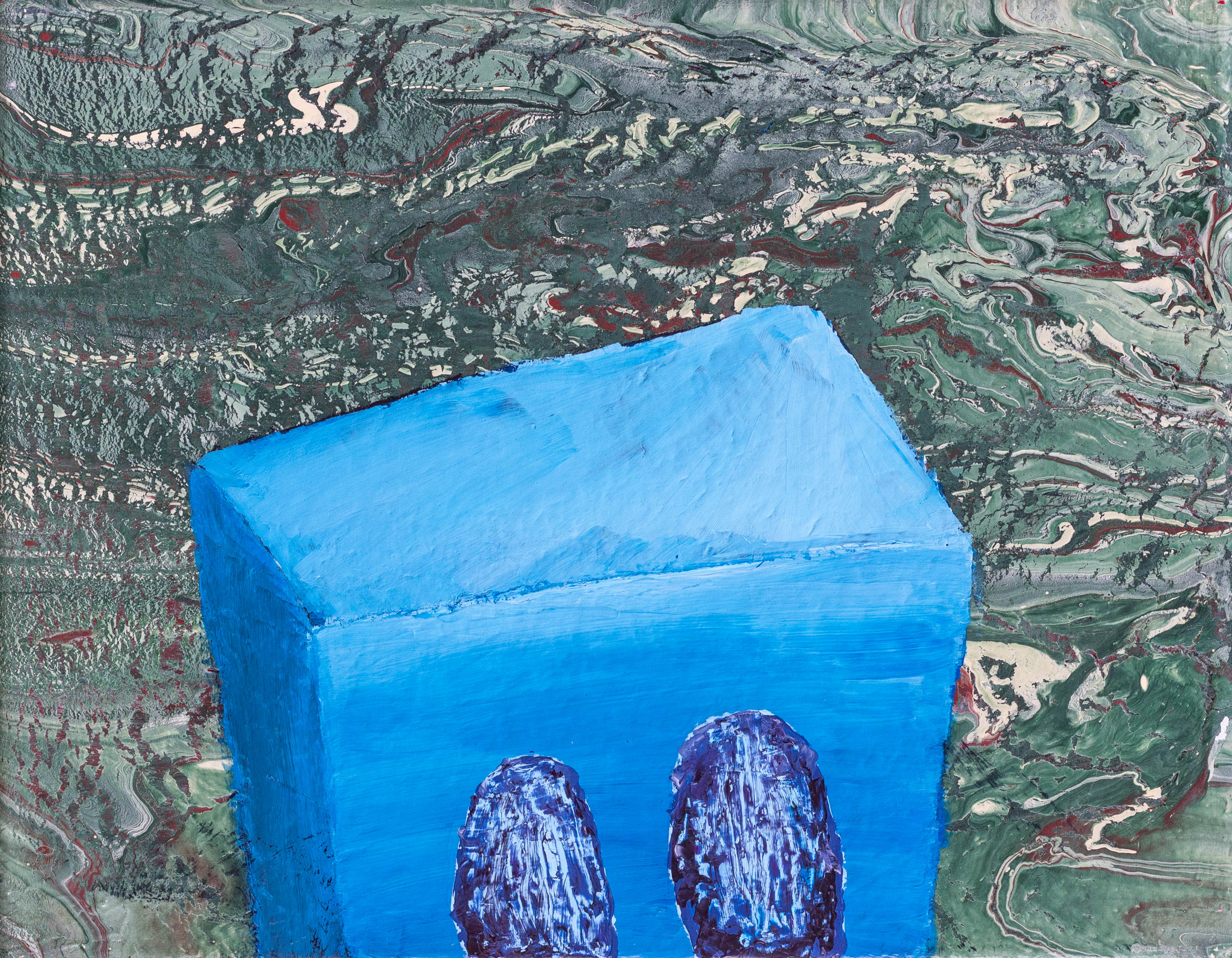 A painting of a block figure with strange scratched out eyes.