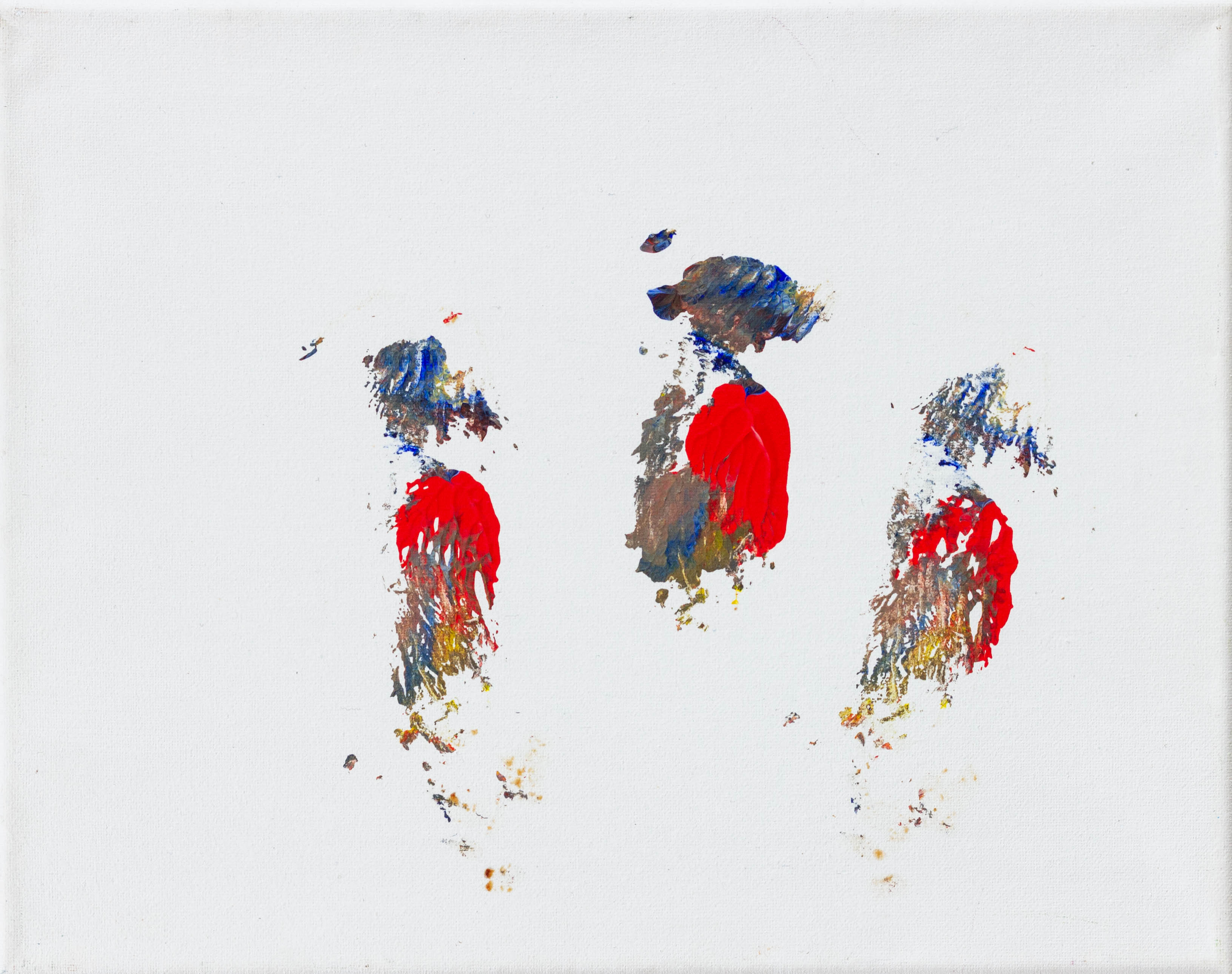A painting of three splotches of color on a white canvas.