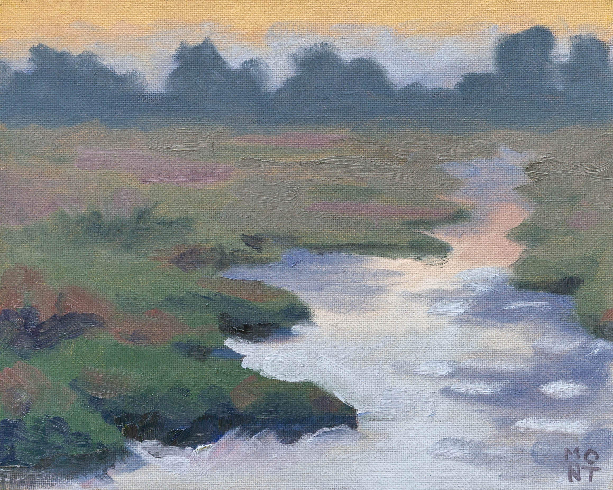 A painting of a river through grassy baylands at dusk.