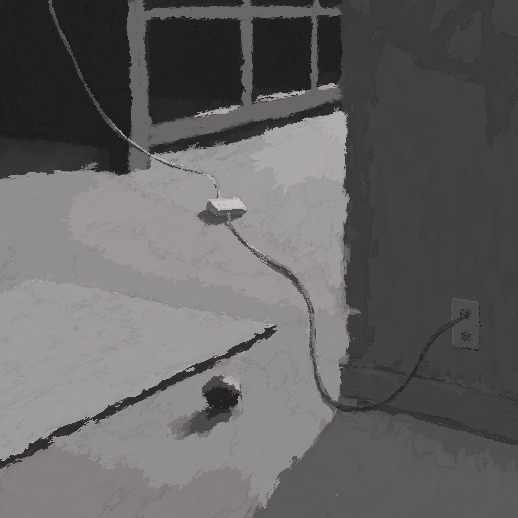 A digital painting of a yoga mat, small ball, and power cable in a corner.