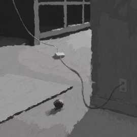 A digital painting of a yoga mat, small ball, and power cable in a corner.