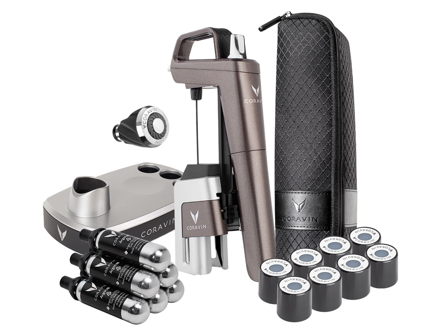 Le Pack Coravin Model Six édition limitée Mica comprend: un système, une housse de voyage, des bouchons à vis, un socle de rangement, des capsules, un aérateur