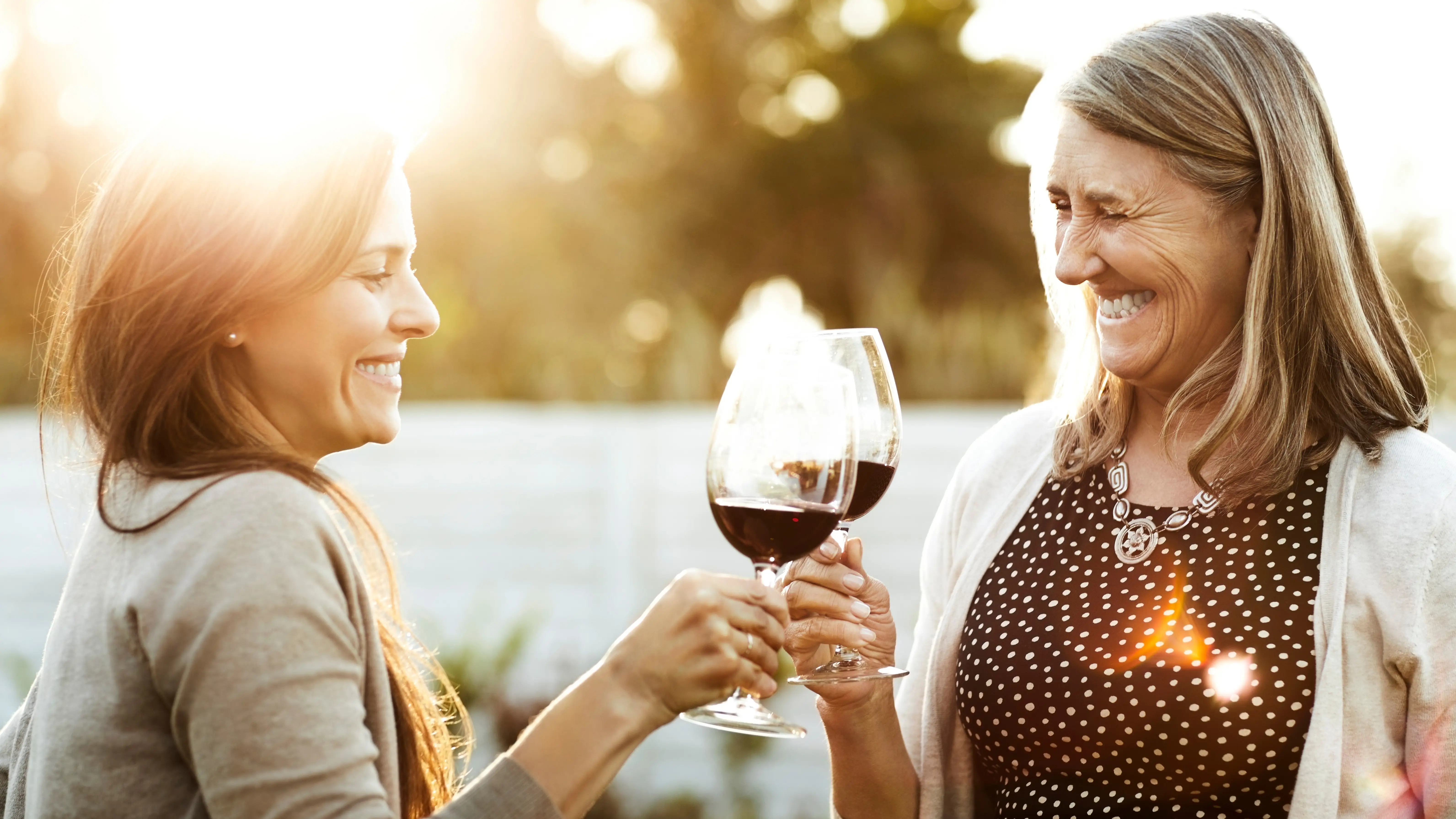 Mother's day gift guide header photo with two women cheersing outside