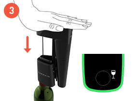 Hand pushing the Coravin Model Eleven System down onto a bottle of wine, with an illustration of the LED screen lit green beside it.