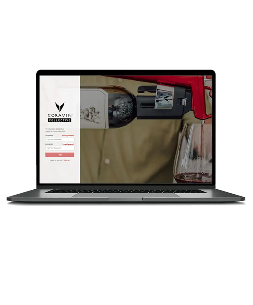 Een laptop met de aanmeldpagina van Coravin Collective.
