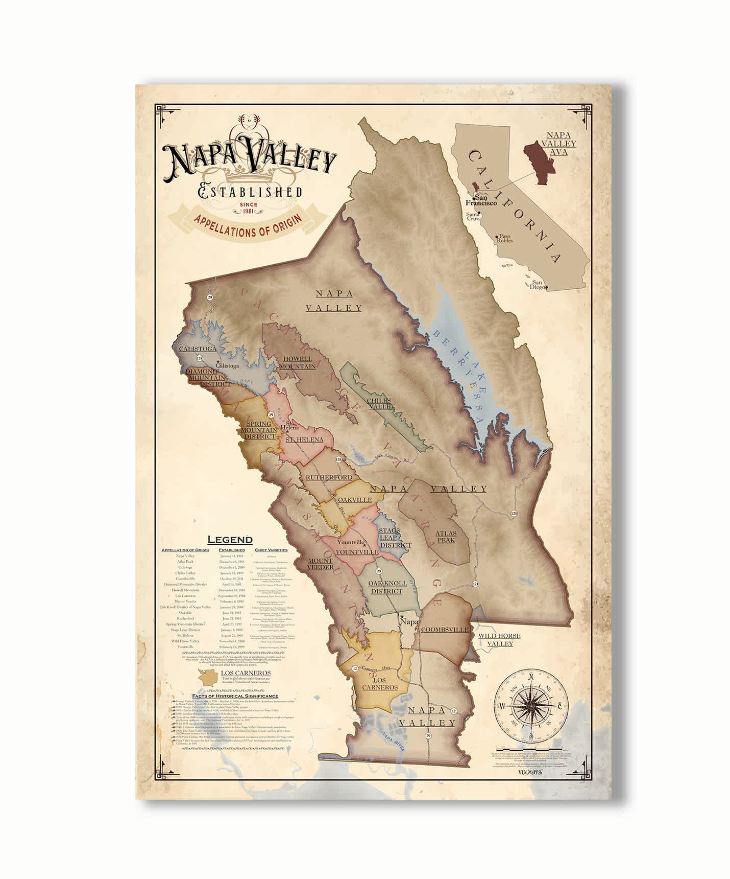 Napa Valley Established Appellations of Origin Map - Stretched Canvas