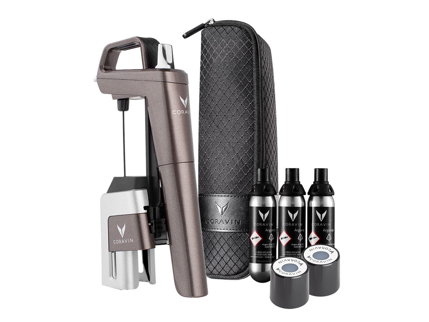 Contenu du Coravin Model Six Édition Limitée Mica: Système, Housse de transport, Capsules, Bouchons à vis