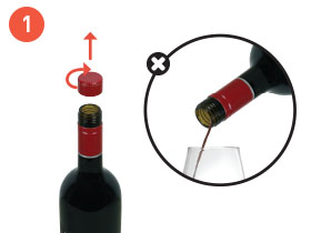 De schroefdop van een wijnfles schroeven en een bel waarin staat NIET uit de geopende fles te schenken
