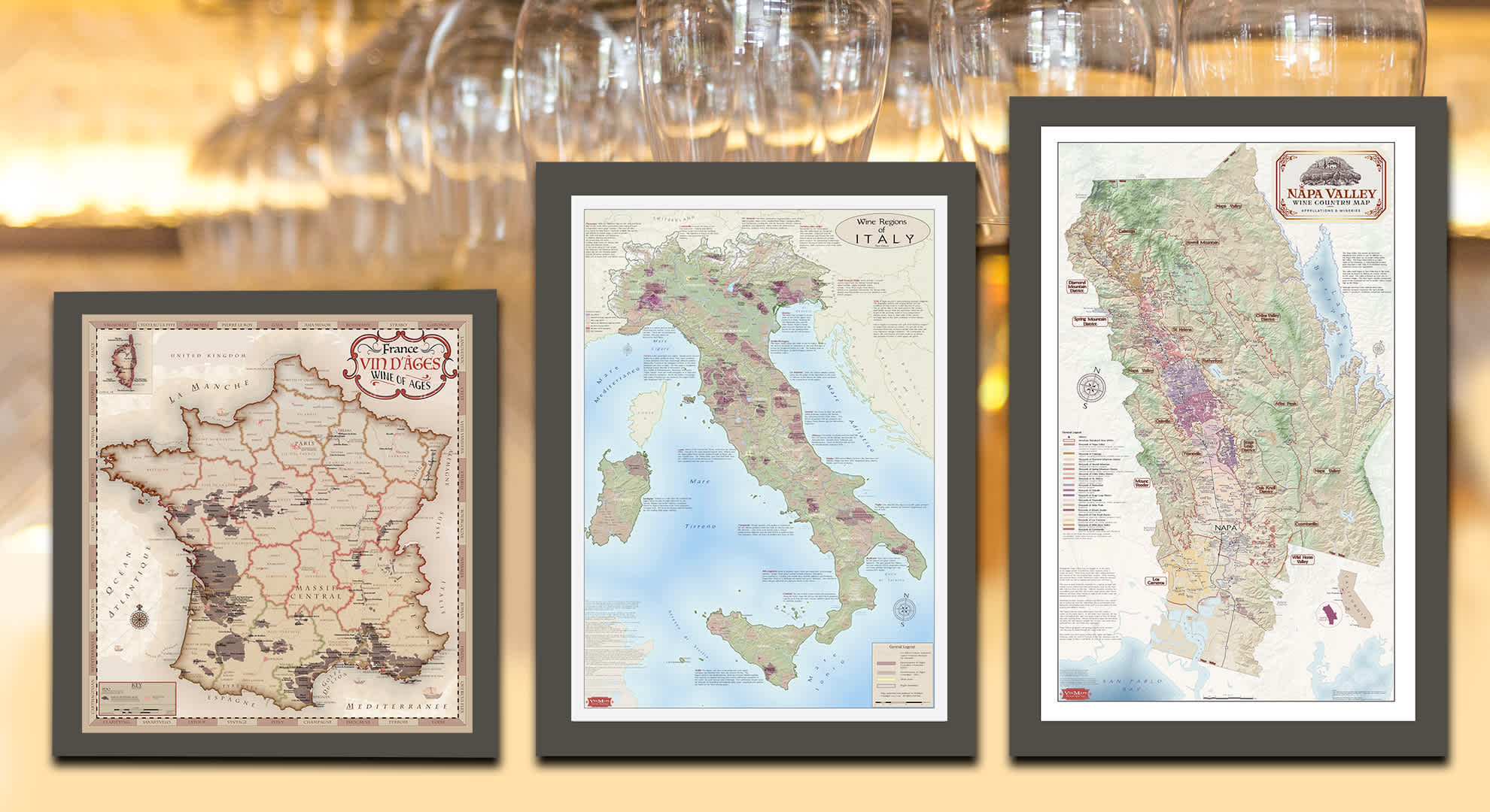 Inspired by terroir and designed for the wine lover, our beautiful, distinctive, highly detailed wine region maps enhance and elevate the wine experience. Swirl, sniff, sip, and explore wine’s majestic geographic landscapes forging a new connection with its origins. From the hospitality space of restaurants, tasting rooms, wine bars, or high-end hotels to the collector’s in-home cellar, home bar area, den or office our specialty maps add a touch of luxe