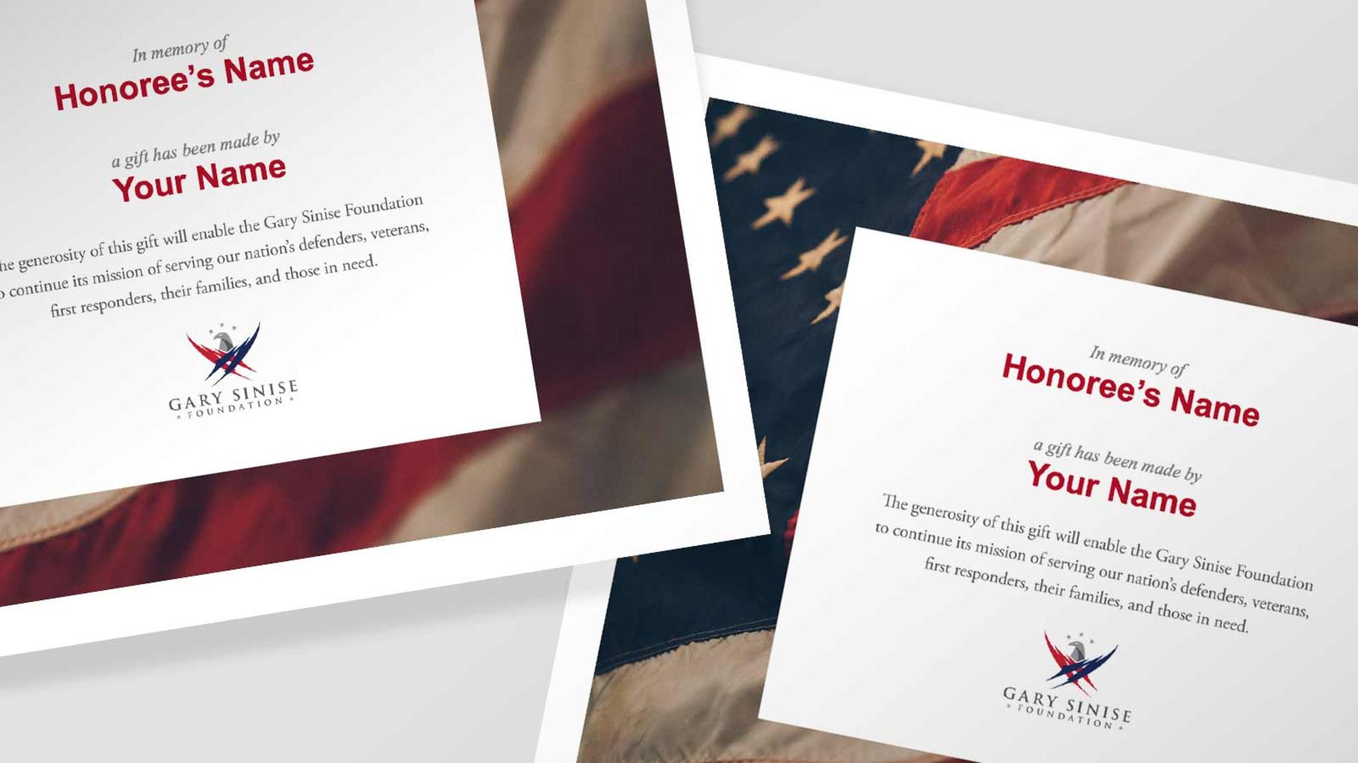 Printed certificates for 'In memory' and 'In honor' gifts 