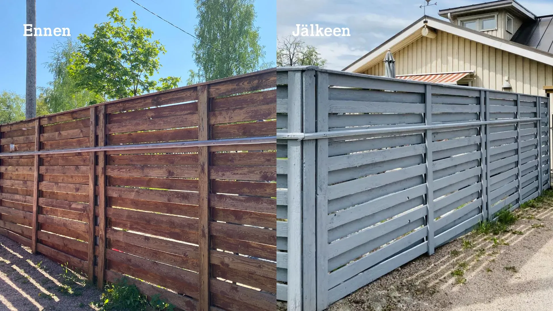 Ennen ja jälkeen kuvat maalatusta aidasta – Kouvola Etsitkö ammattitaitoista aidan maalaajaa Kouvolasta? Piha-Onlinesta löytyvät Kouvolan paikalliset yritykset varmistavat, että aidan maalaus projektisi sujuu kerralla laadukkaasti.