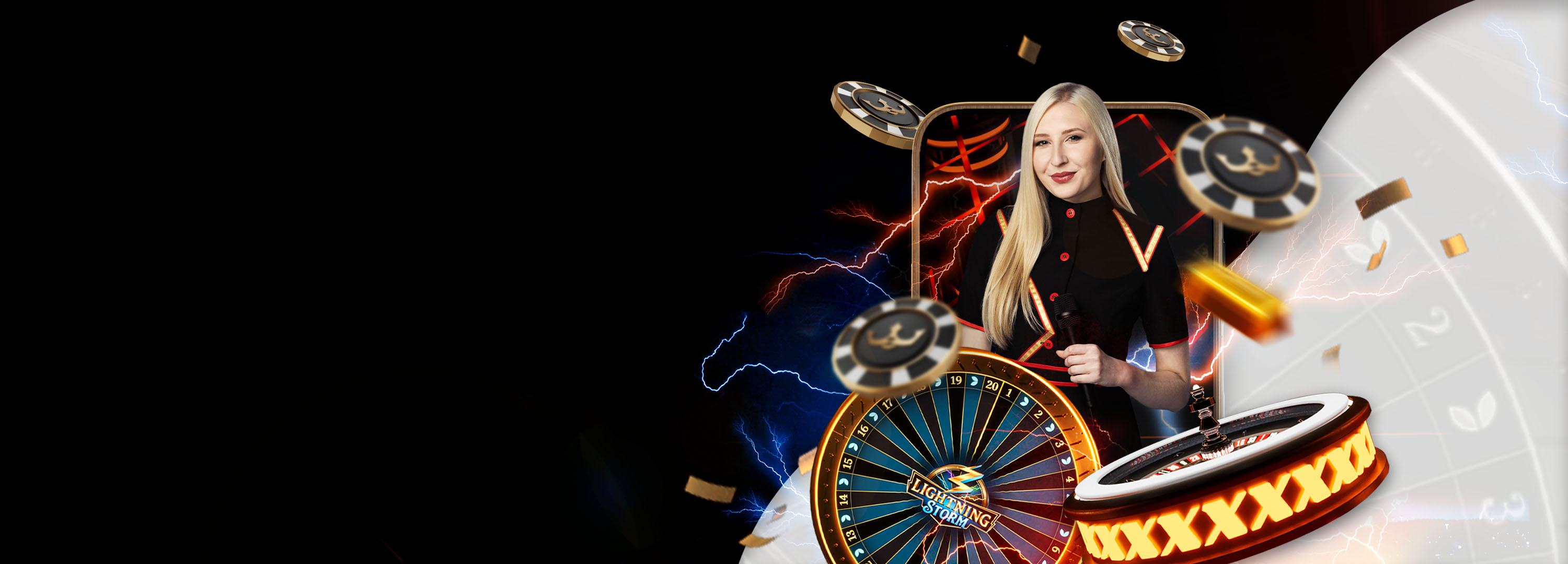 Live casino dealer with roulette wheel and casino chips.