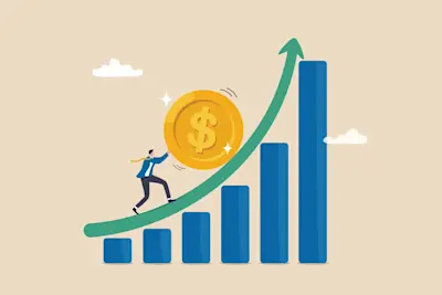 Ilustración de un hombre que empuja una moneda por un gráfico de barras en subida