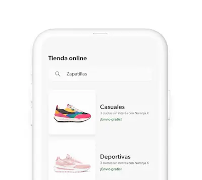 Un celular muestra una tienda online para comprar zapatillas 