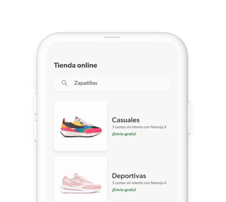 Un celular muestra una tienda online para comprar zapatillas 