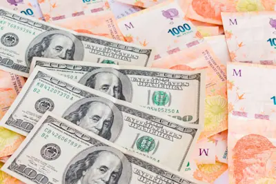 Billetes de pesos argentinos y de dólares mezclados para invertir en un negocio