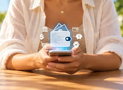 Mujer usa el celular rodeada de íconos de home banking y billetera digital