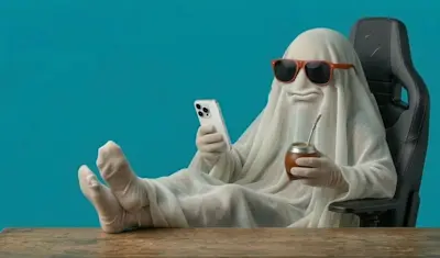 Fantasma con anteojos de sol toma mate y usa el celular en una silla gamer