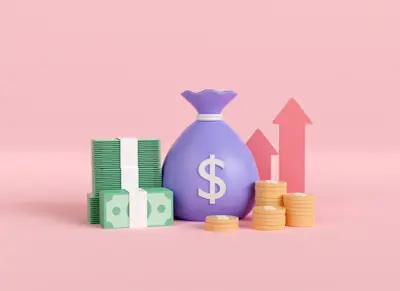 Fajos de billetes, bolsa de dinero y flechas en subida sobre fondo rosa