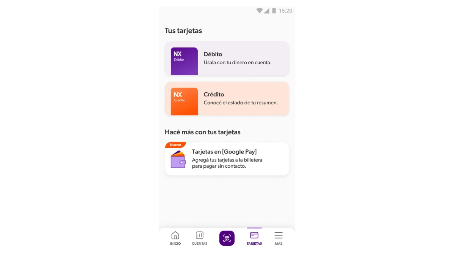 Pantalla de la app donde se ven las tarjetas