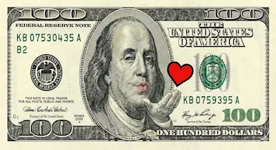Billete de dólar con Benjamin Franklin que tira un beso y un corazón