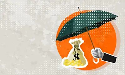 Ilustración de una mano con paraguas que protege una bolsa de dinero