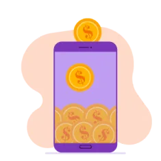 Un teléfono celular recibiendo monedas como una alcancía.