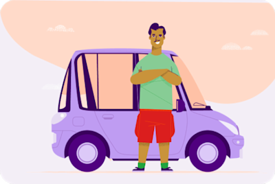 Hombre sonriente, posando junto a su auto.