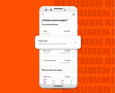 Teléfono celular con la sección de "Pago Flex" resaltada en la interfaz de la app de Naranja X.