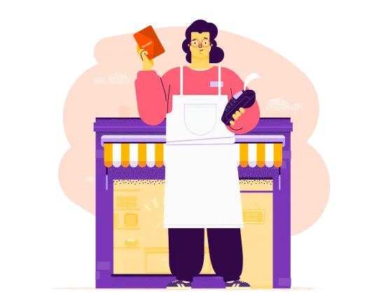 Mujer comerciante frente a su negocio, sosteniendo una tarjeta Naranja X y un postnet.