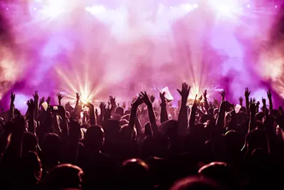 Público con los brazos en alto frente al escenario de un recital