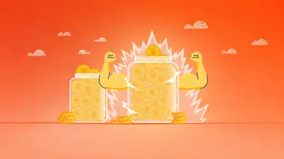 Ilustración de Frascos llenos de monedas con brazos musculosos sobre fondo naranja