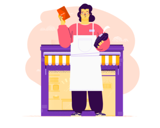 Mujer con un postnet en su mano y una tarjeta Naranja X en la otra.