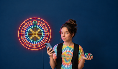 Mujer con fichas de casino y el celular frente a una ruleta de neón