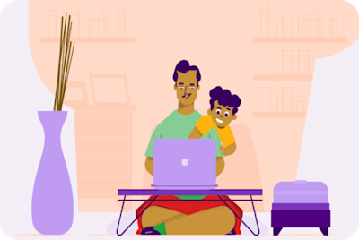 Hombre junto a niño usando su computadora portátil en el living.