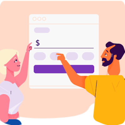 Dos personas señalando una interfaz con el signo $.