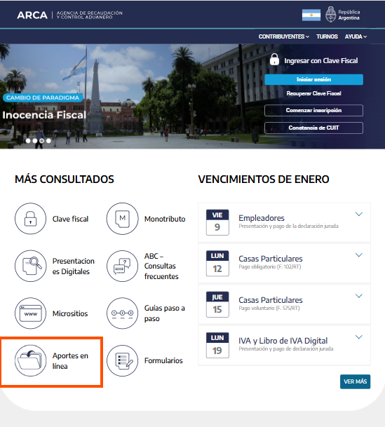 Aportes en línea en la página de ARCA. Esta funcionalidad está disponible aún cuando no tenés clave fiscal.