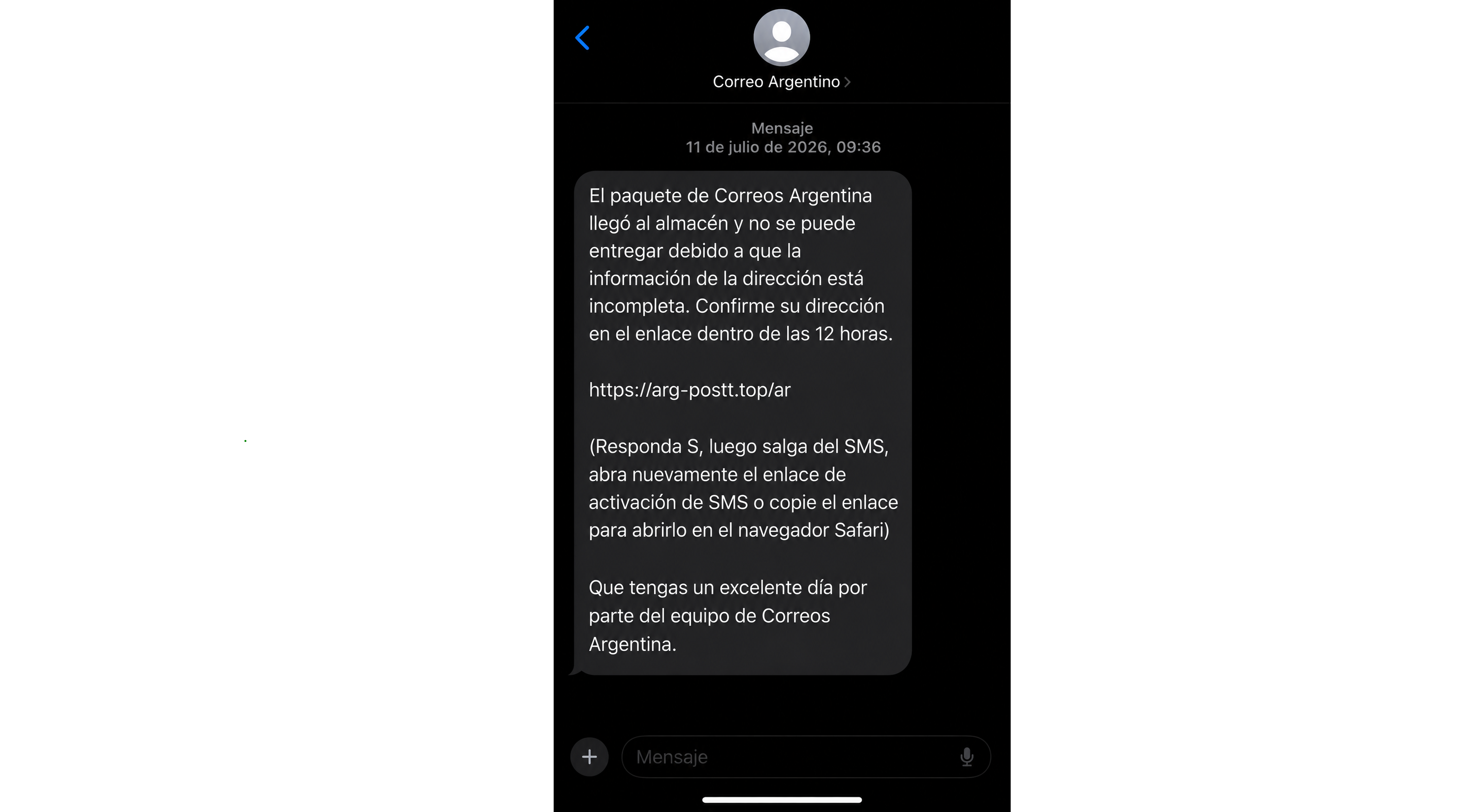 SMS fraudulento