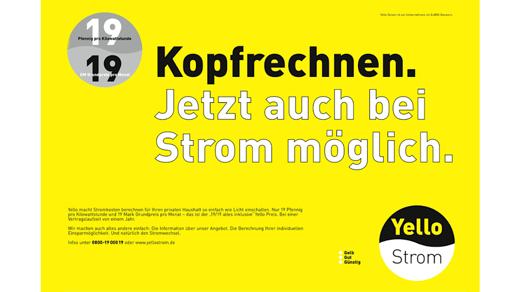 Yello 19/19 Werbeanzeige mit der Headline "Kopfrechnen. Jetzt auch bei Strom möglich."