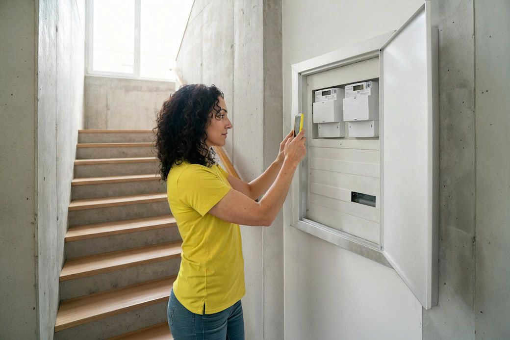 Frau mit gelbem Shirt fotografiert Zählerstand mit Handy und Yello App am Zählerkasten im Keller.