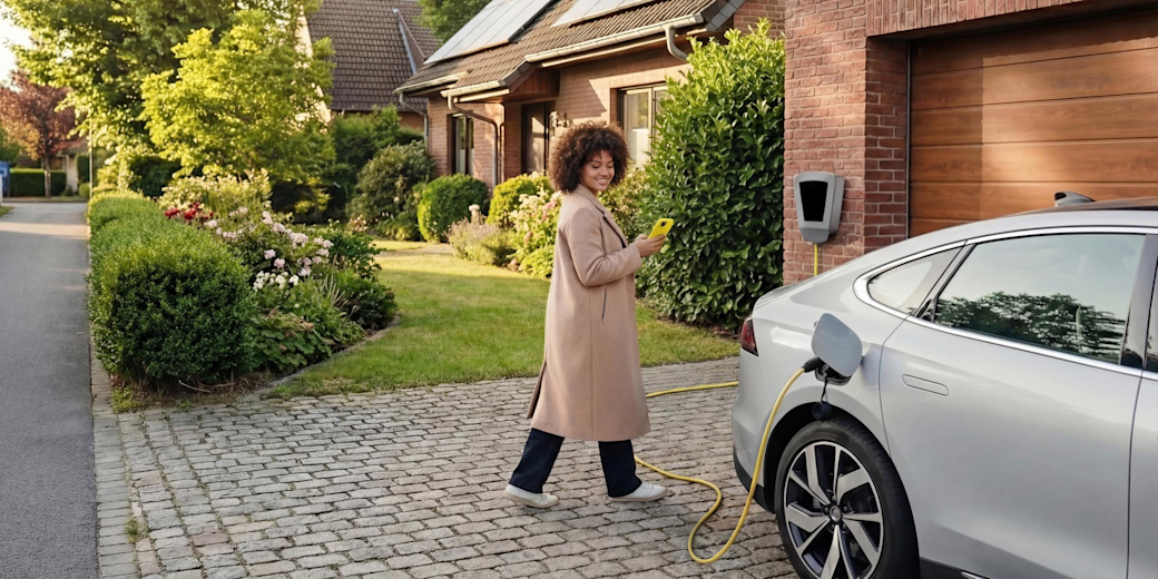Frau mit beigem Mantel und gelbem Handy in der Hand wartet auf das Laden des E-Autos mit Wallbox vor ihrem Zuhause