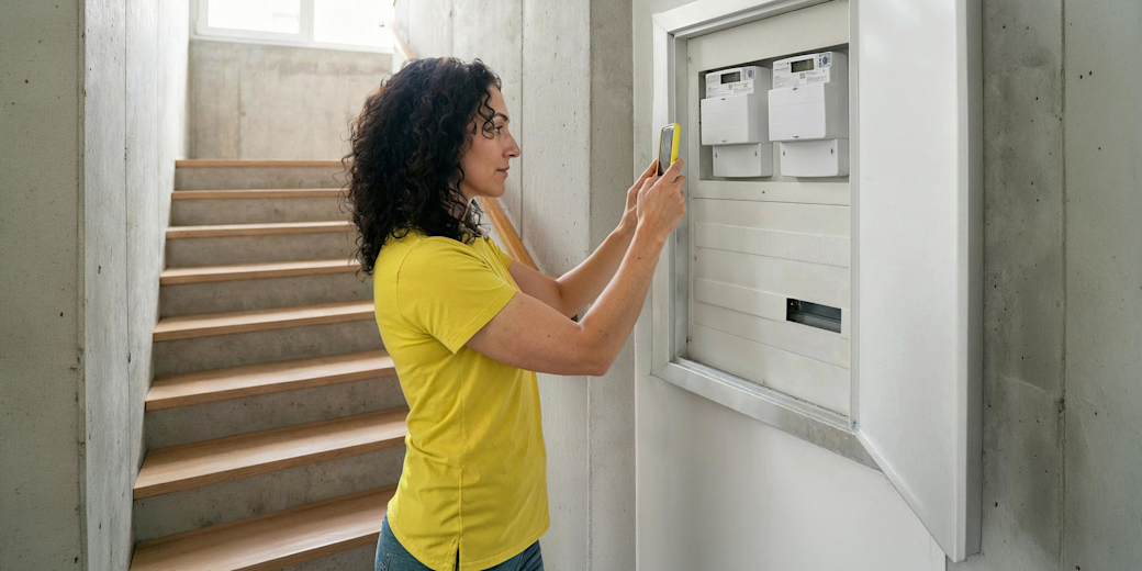 Frau mit braunen Locken und gelbem Shirt steht vor Zählerkasten und fotografiert Zählerstand mit gelbem Handy und der Yello App.