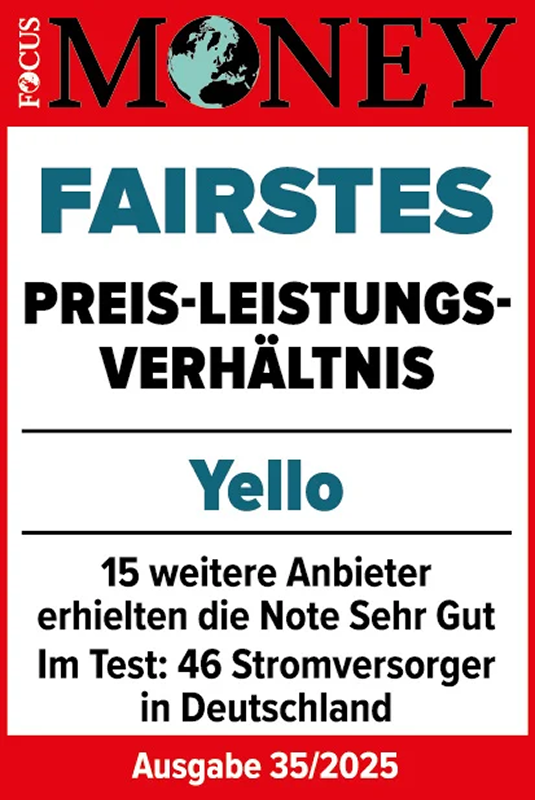 Siegel: Focus Money fairster Stromversorger Preis-/ Leistungsverhältnis 2025.