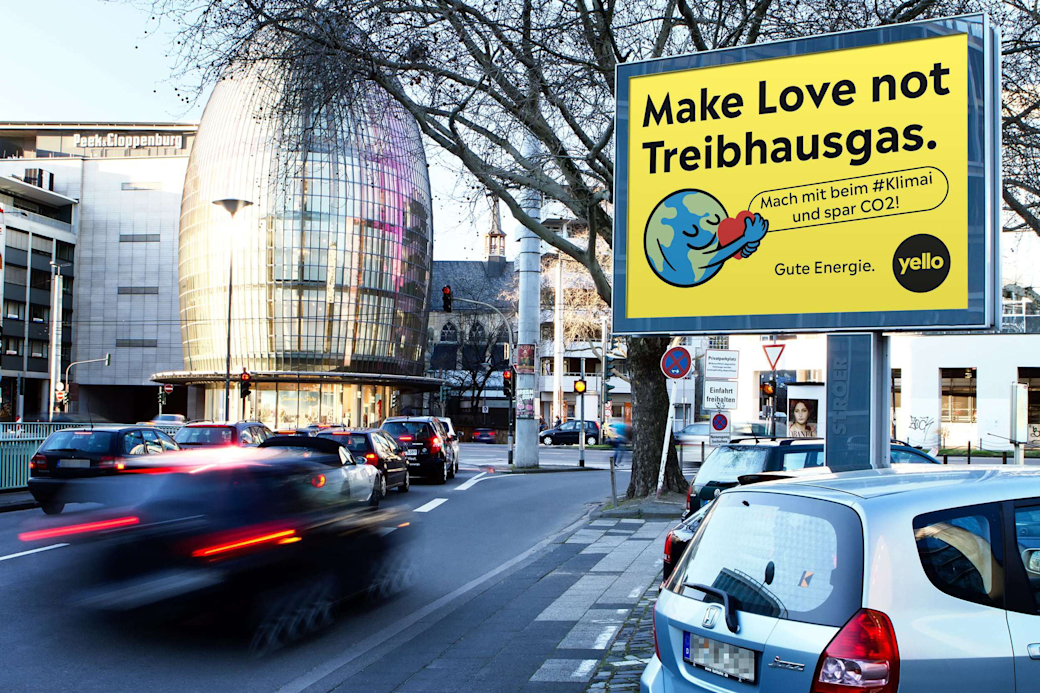 Plakat: Make Love not Treibhausgas. Yello ruft zum #Klimai auf